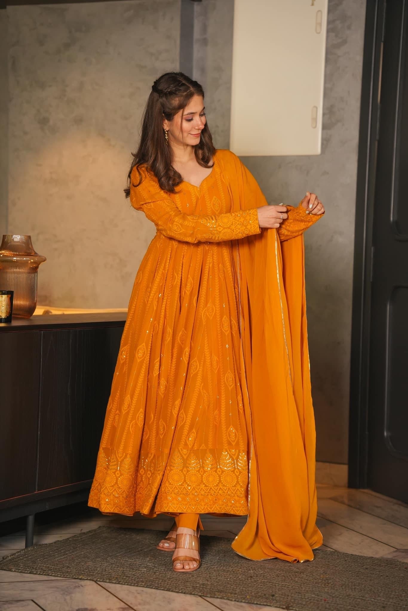 MUSTARD EMBROIDERED GEORGETTE SUIT SET