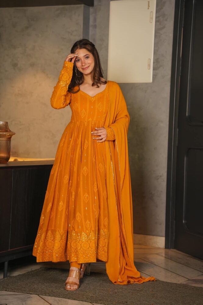 MUSTARD EMBROIDERED GEORGETTE SUIT SET