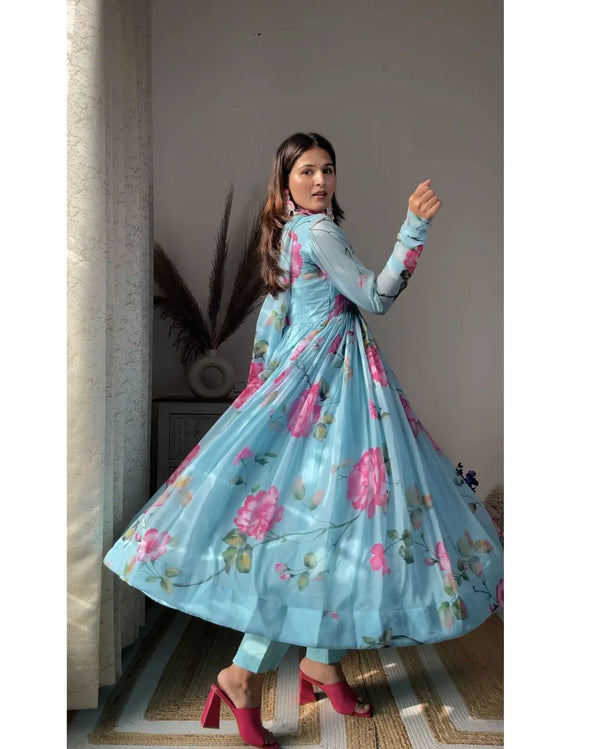 Aniska Sky Blue Floral Print Suit Set