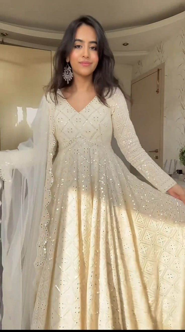 LAKHNAWI EMBROIDERED GEORGETTE ANARKALI FULLY STITCHED SUIT SET OFF WHITE-115